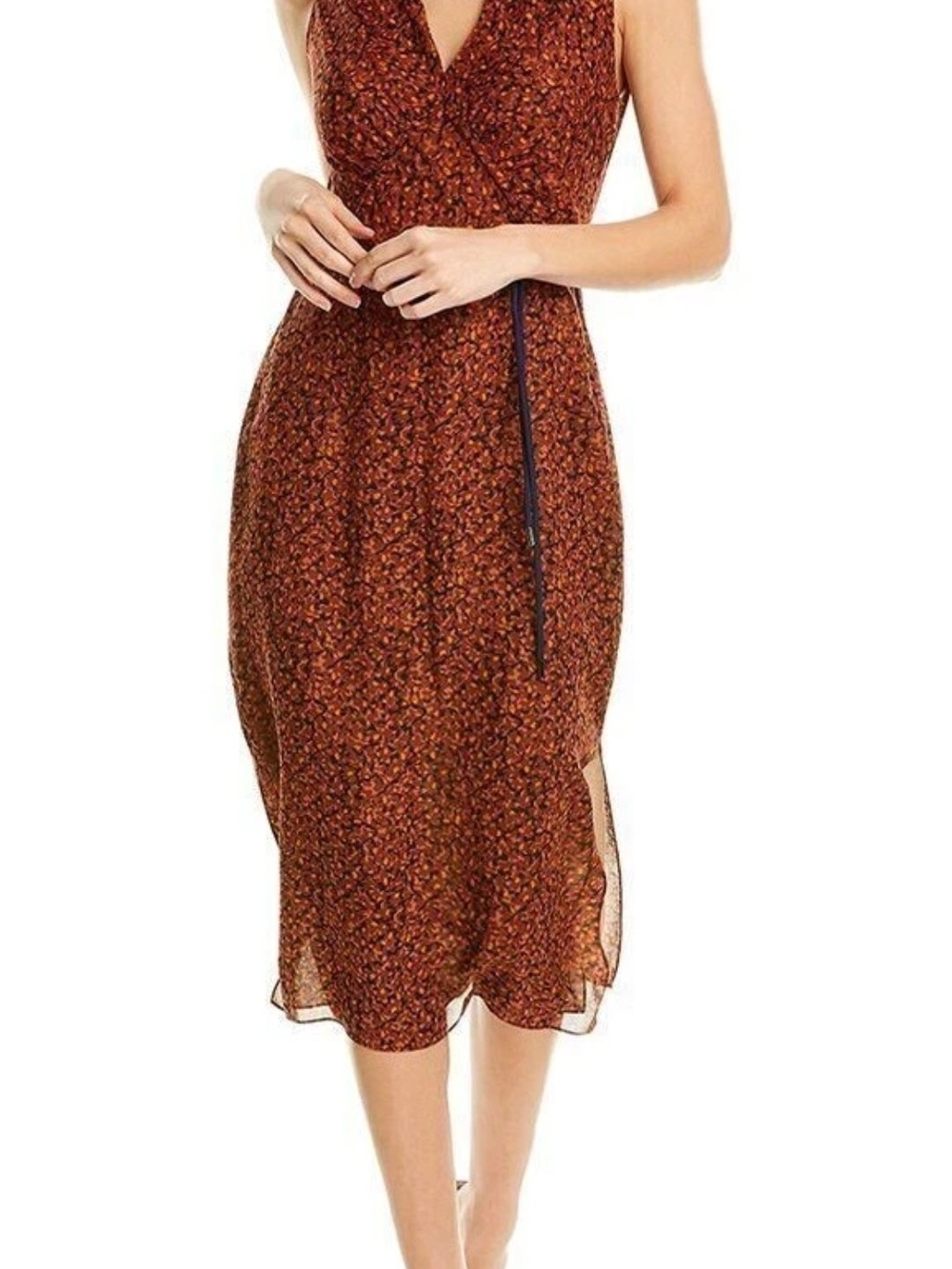 Theory Rust Floral V-Neck Midi Dress with Tie Waist - Picture 2 of 9